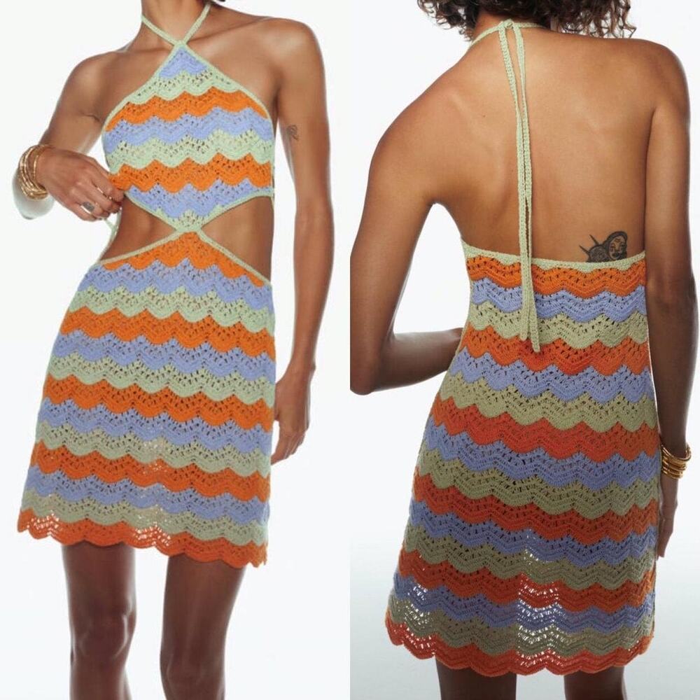 Zara Striped Halter Cut Out Crochet Limited Edition Mini Dress Multi Women's S